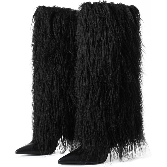 Women's Black Kalstage Fur Knee High Heeled Wide Calf Party Fashion Boots - Picture 2 of 6